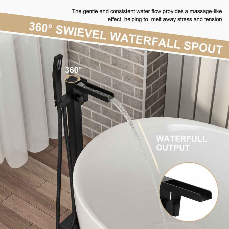 Freestanding Bathtub Faucet Waterfall Tub Filler Matte Black Floor Mount Brass Bathroom Faucets with Hand Shower