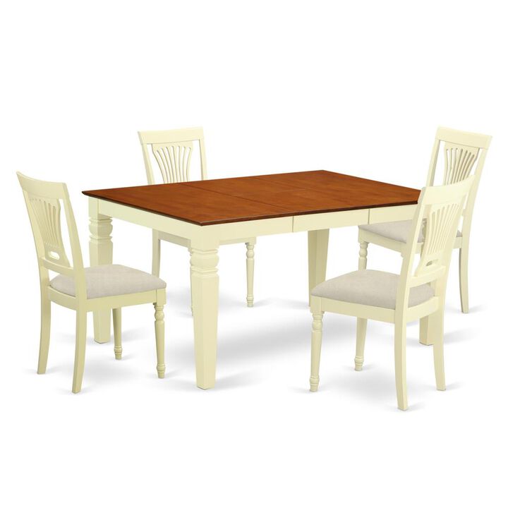 5 Pc Kitchen table set with a Dining Table and 4 Kitchen Chairs in Buttermilk and Cherry