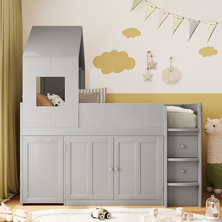 Merax Twin Size House-Style Loft Bed with Rolling Desk & Full Storage System