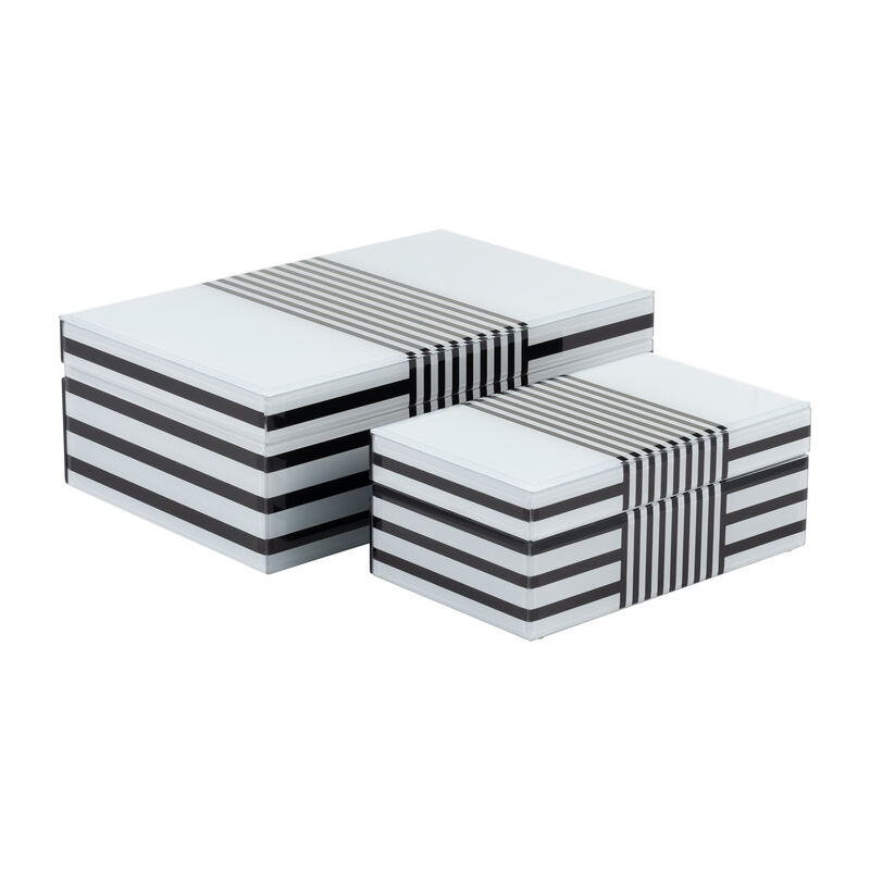 Wood, S/2 8/11" Striped Boxes, Black/white image number 0