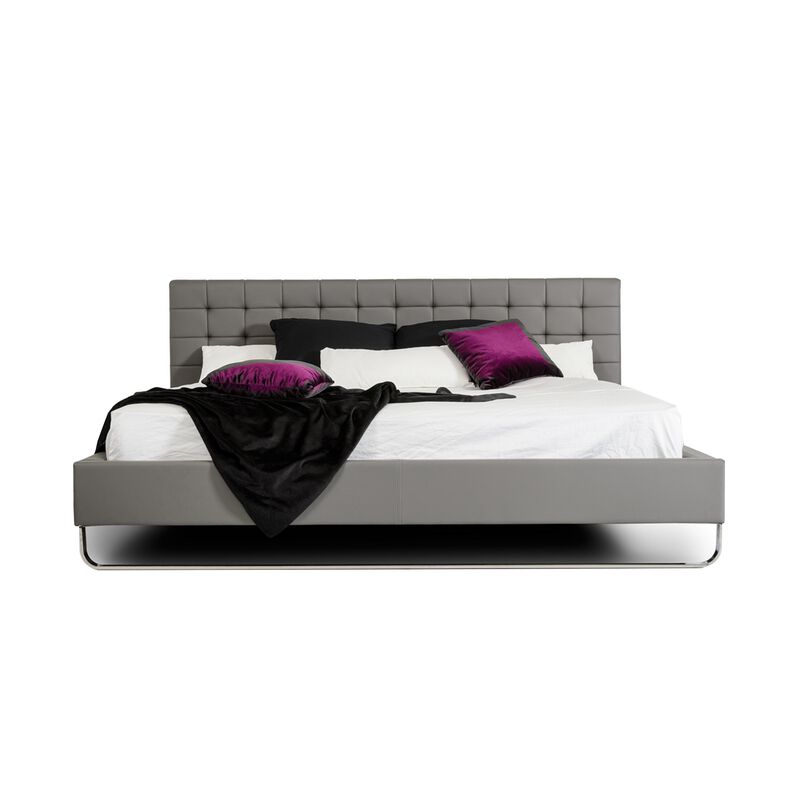 Ani King Size Platform Bed, Plush Tufted Gray Faux Leather Upholstery - Benzara
