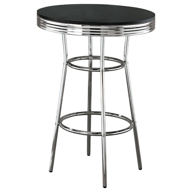 Loy 3 Piece Retro Bar Table Set, Round Black Top, 2 Stools, Chrome