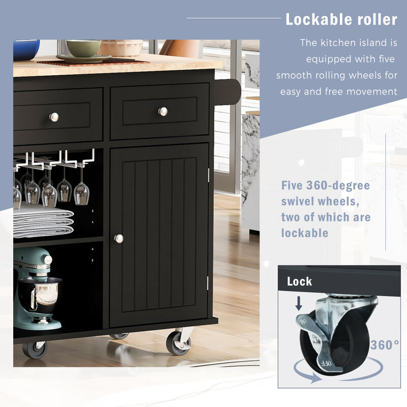 Kitchen Island with Power Outlet, Kitchen Storage Island with Drop Leaf and Rubber Wood, Open Storage and Wine Rack,5 Wheels, with Adjustable Storage for Home, Kitchen, and Dining Room, Black