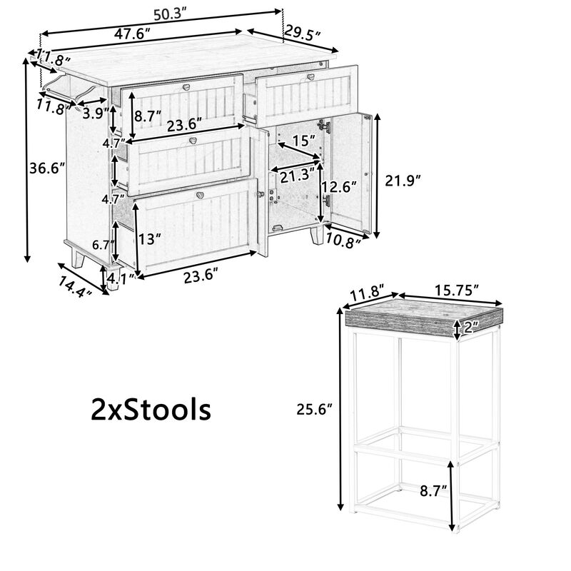 Farmhouse Kitchen Island Set with Drop Leaf and 2 Seatings,Dining Table Set with Storage Cabinet, Drawers and Towel Rack