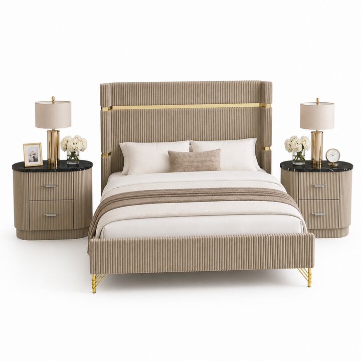 Queen Bedroom Set, Gold, Beige, Black, Silver Wood, 3 Piece Set with 2 Nightstands
