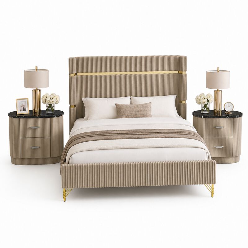 Queen Bedroom Set, Gold, Beige, Black, Silver Wood, 3 Piece Set with 2 Nightstands image number 0