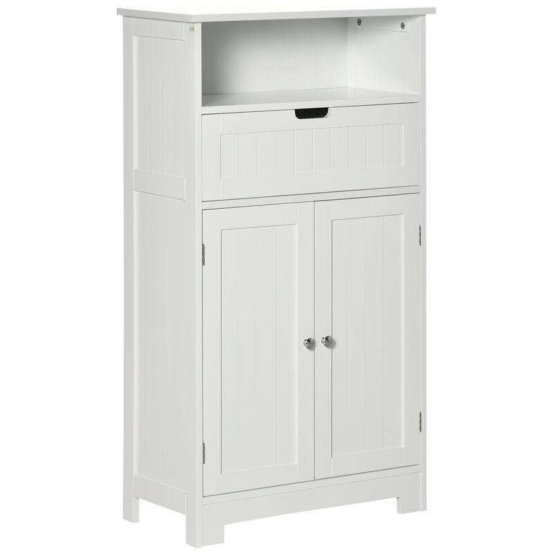 White Bathroom Organizer: Freestanding Cabinet with Drawer & Adjustable Shelf