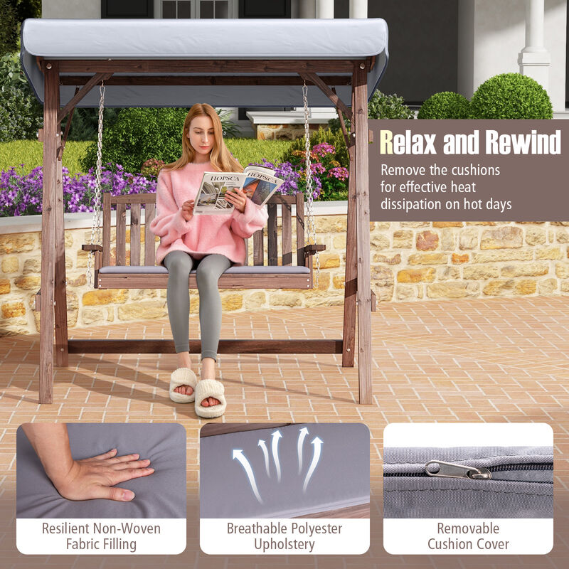 2-Person Porch Swing with Fir Wood Stand and Tilt Canopy