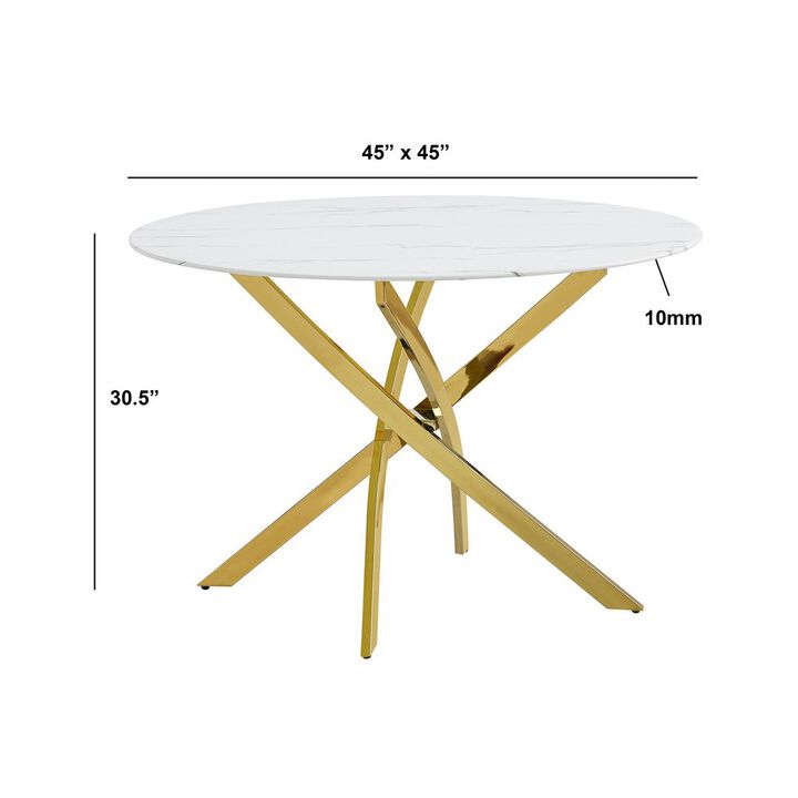 Best Quality Furniture Round Marble Wrap Tempered Glass Dining Table With Gold Base