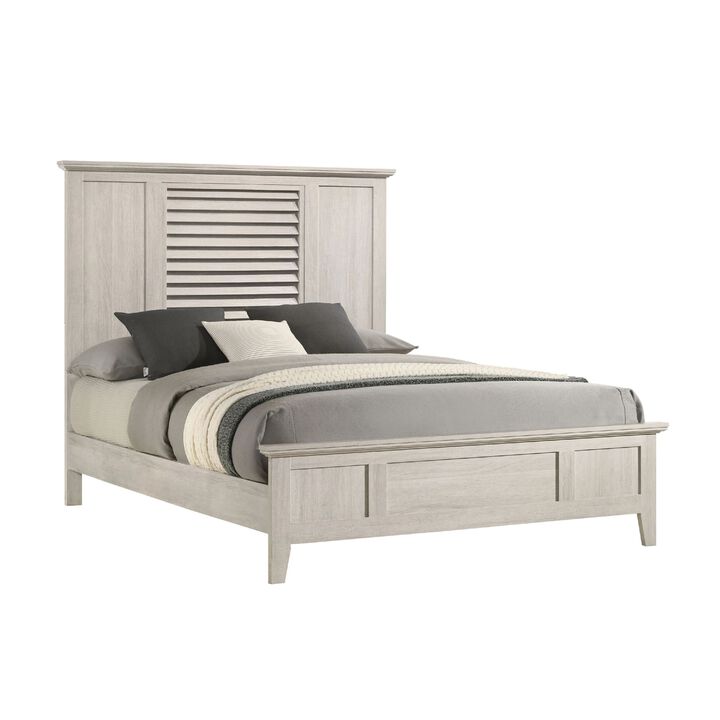 Sary Queen Size Bed w Tall Louvered Headboard, Tapered Front Legs, Off White
