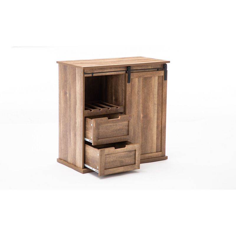Rustic Wine Cabinet with Barn Door and 2 Drawers, Natural-Benzara