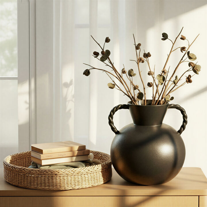 Stoneware Vase with Twisted Handles, Reactive Matte Black Glaze