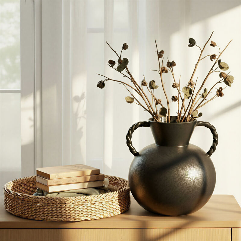 Stoneware Vase with Twisted Handles, Reactive Matte Black Glaze image number 1