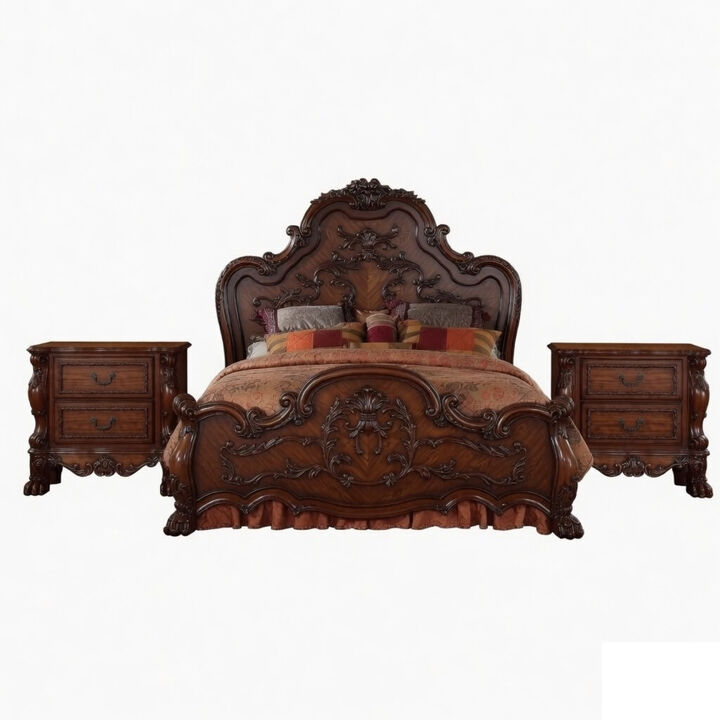 Queen Size Bedroom Set, Brown Finish, 3-Piece Set with Bed and Two Nightstands