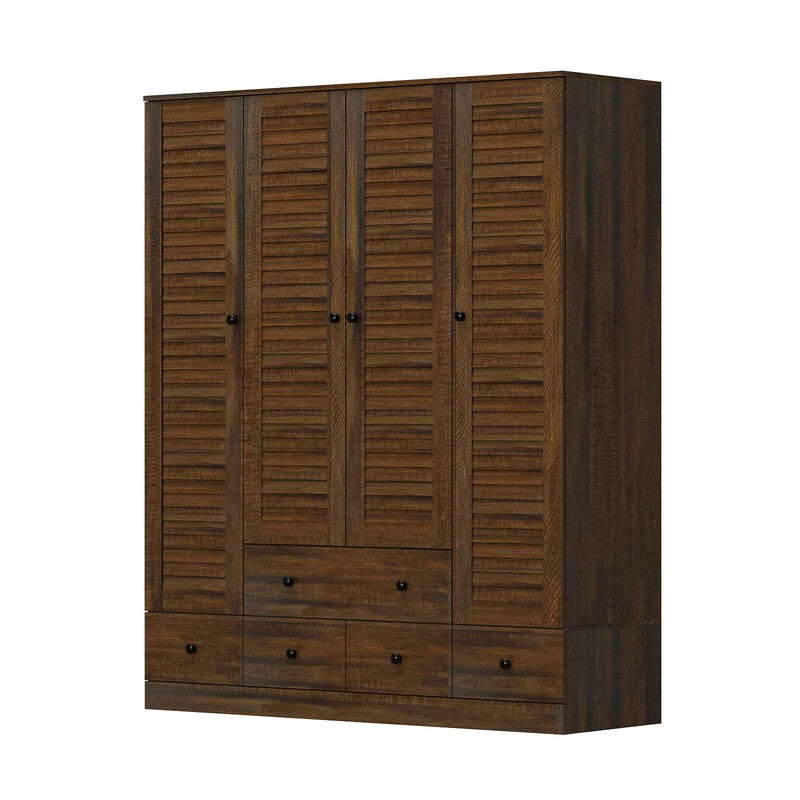 Brown Wood 59.1 in. W Shutter Doors Armoires Wardwore Farmhouse Style with 5-Drawers, Hanging Rod (70.5 in. H x 19.1 in. D)