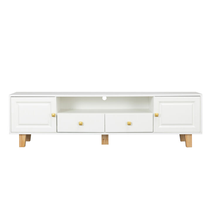 TV stand, TV Cabinet, entertainment center, TV console, media console, plastic door panel, with LED remote control light, metal handle, solid wooden leg, can be placed in the living room, color:white