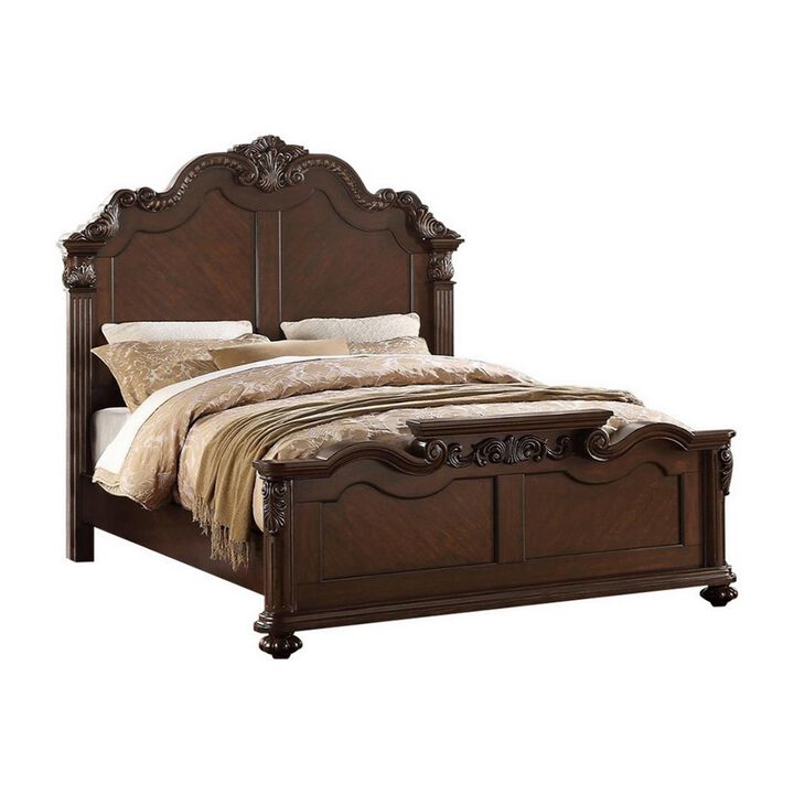 Splendidly Carved E.King Wooden Bed, Dark Walnut And Veneer Finish - Benzara