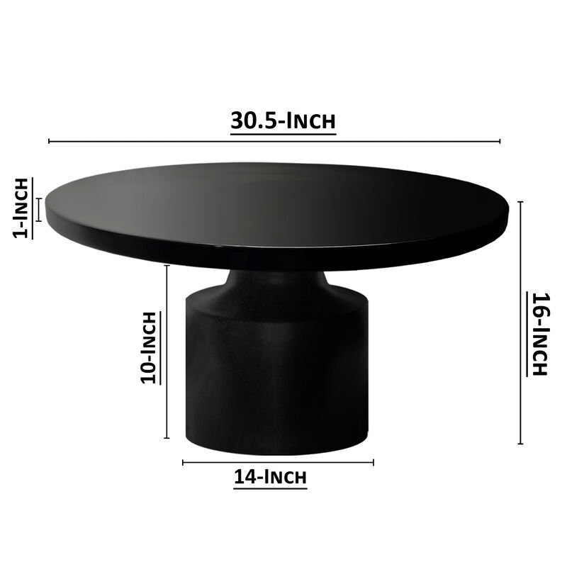 Zoe 30 Inch Round Coffee Table with Pedestal Base, Sleek Modern Silhouette, Matte Black Powder Coated Metal