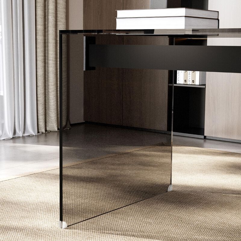 Dark Tempered Glass Writing Desk with Wooden Drawer 53.14"