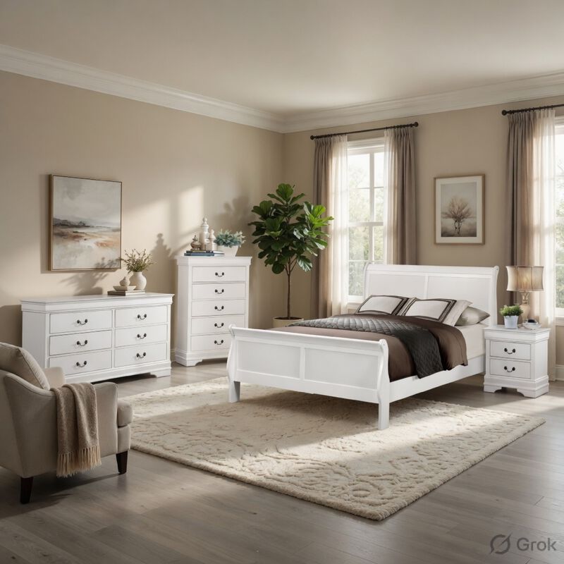 Full Size Bedroom Set, Traditional Carved Wood Design, White Finish, 4-Piece Set with Bed, Nightstands and Dresser image number 8