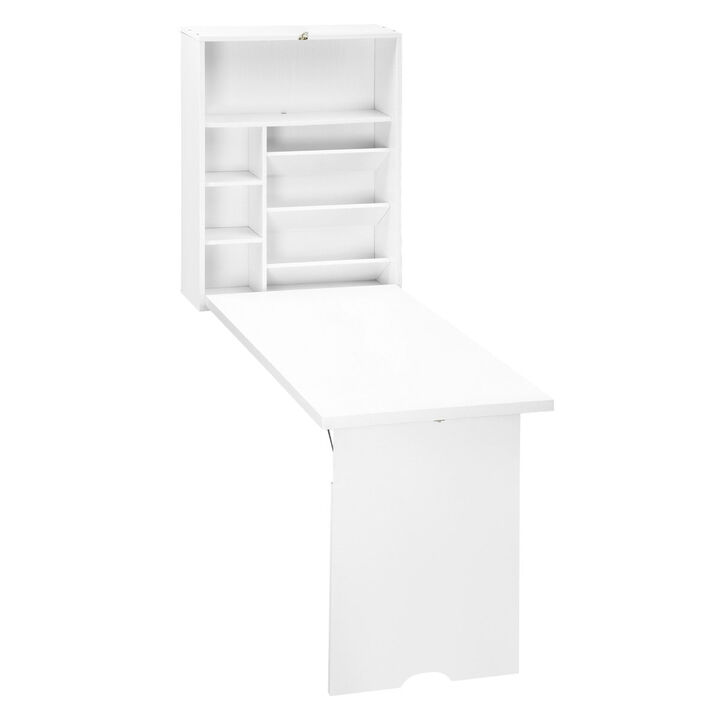 Space-Saving Workstation: White Wall-Mounted Convertible Desk with Storage