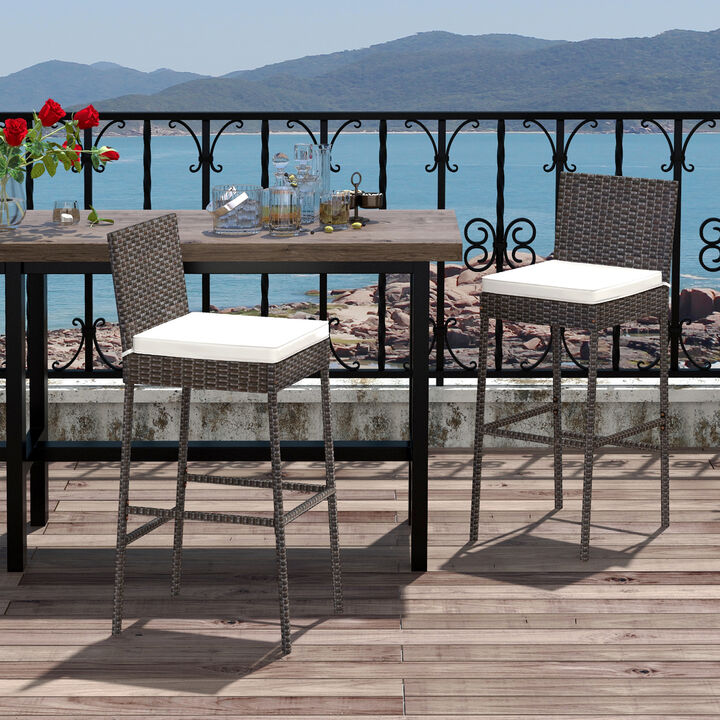 Patio Wicker Barstools with Seat Cushion and Footrest