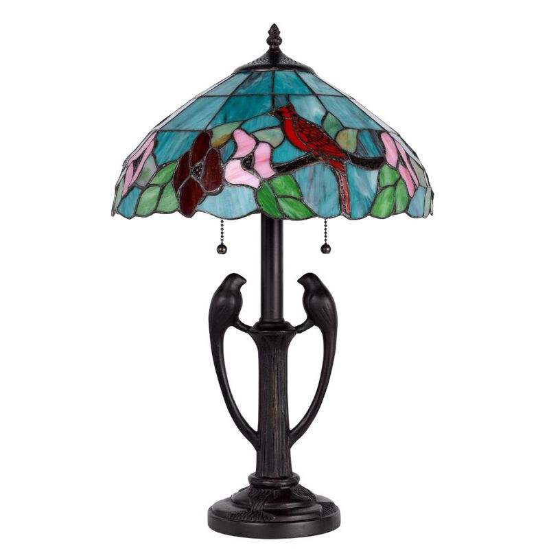 Hivvago 22" Bronze Two Light Tiffany Table Lamp With Aqua and Red Floral Shade