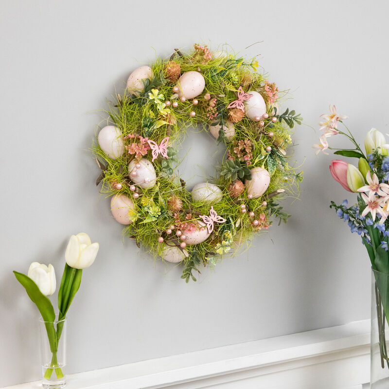 Easter Eggs with Butterflies Artificial Spring Wreath - 13" - Green and Pink