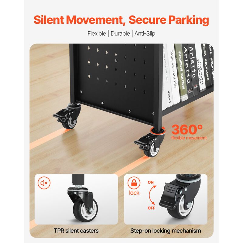 Single-Sided Rolling Book Cart with Lockable Wheels, Library Shelf for School & Office image number 6