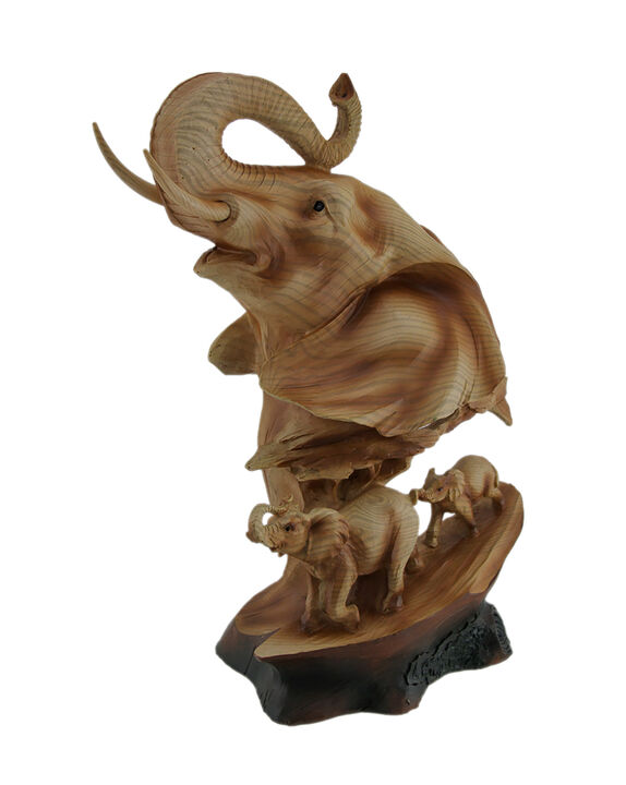 Carved Wood Look Elephant Family Bust Tabletop Statue
