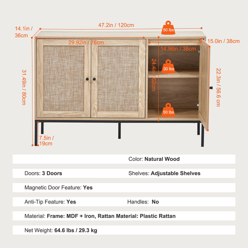 Rattan Sideboard Cabinet with 4 Doors Adjustable Shelves for Hallway Living Room