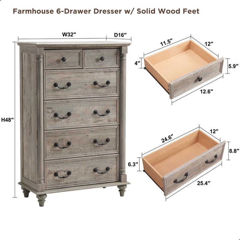 Farmhouse 6-Drawer Tall Dresser, Rustic Oak Finish, Solid Wood Feet, 48" H Storage Chest