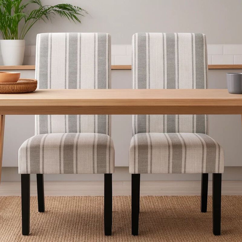 Dinner Chair Set of 2, Retro Style Armless Design, White Gray Stripes image number 6