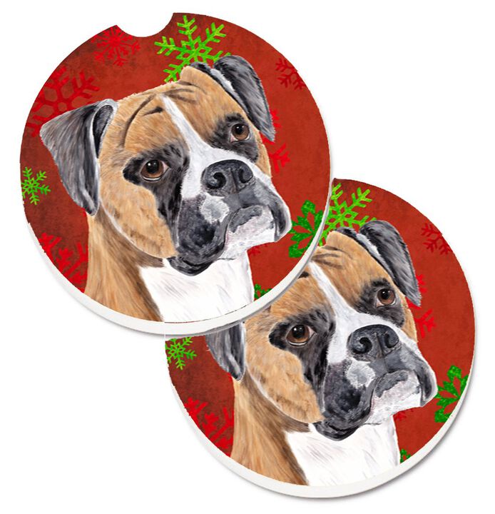 Caroline's Treasures Boxer Red & green Snowflakes Holiday Christmas Set of 2 Cup Holder Car Coasters SC9430CARC, 2.56, Multicolor