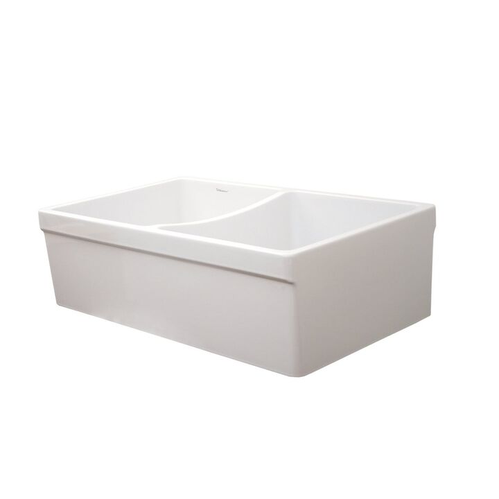 Whitehaus Farmhaus Fireclay Quatro Alcove Reversible Double Bowl Sink with 2 Lip on One Side and 2 ½ Lip on the Opposite Side