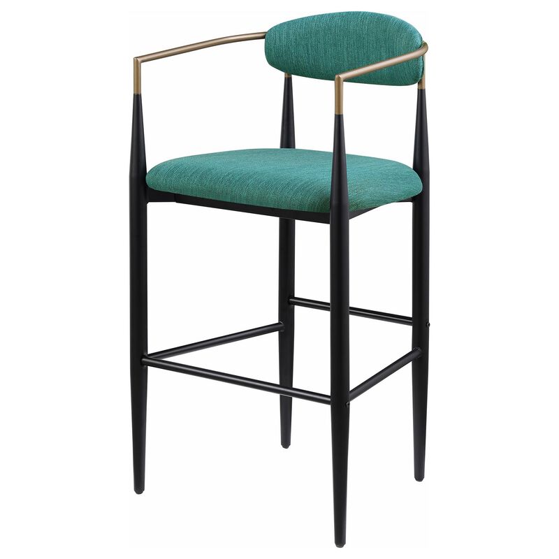 Tiara Bar Chair Set of 2, Teal Green Fabric, Gold, Black Metal 30 Inch - Benzara