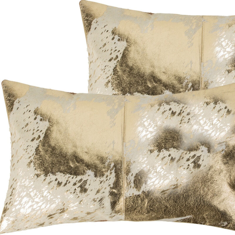 HomeRoots Set of Two 12" X 20" Natural And Gold Lumbar Cowhide Throw Pillows image number 3
