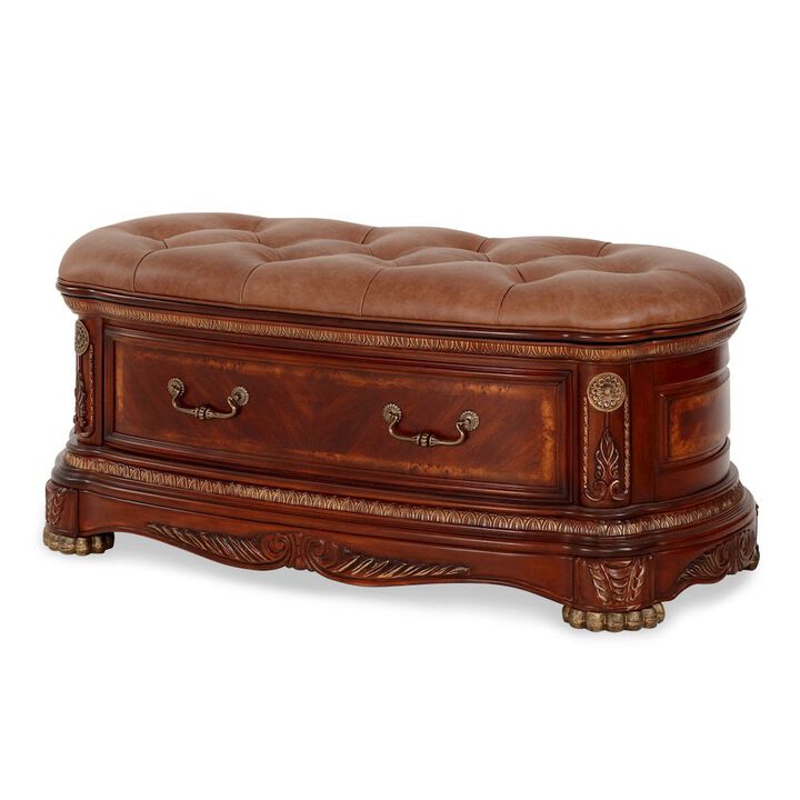 Michael Amini Cortina Leather Bedside Bench - Honey Walnut