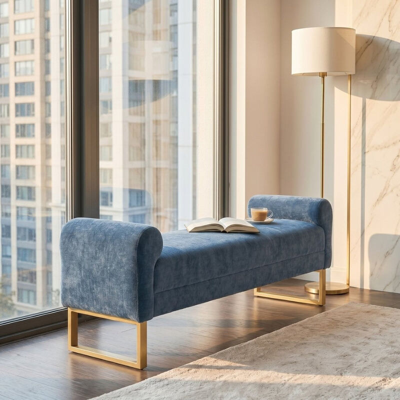 Envelor 65 in. Chenille Upholstered Ottoman Bench with Arms and Gold Legs image number 6