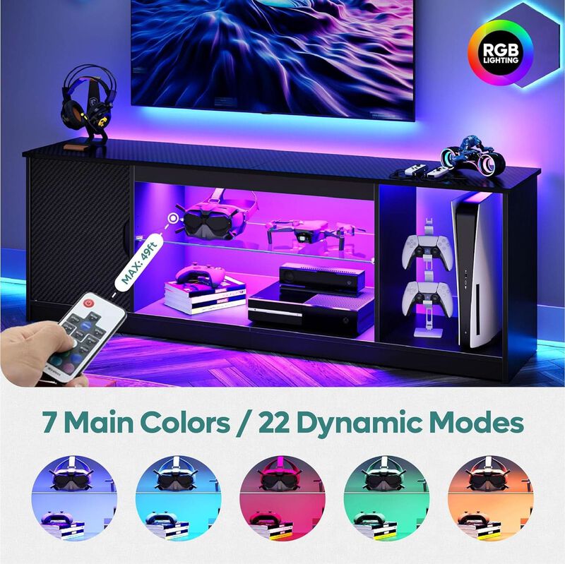 ShipItFurniture 58" LED TV Stand for 55/60/65-Inch TVs - Adjustable Tempered Glass Shelves image number 3