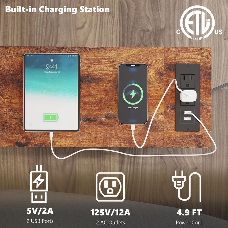 TRIFEBLE End Table with Charging Station, Narrow Side Table with 3 Fabric Drawers, Skinny Nightstand with LED Light, Slim Bedsid