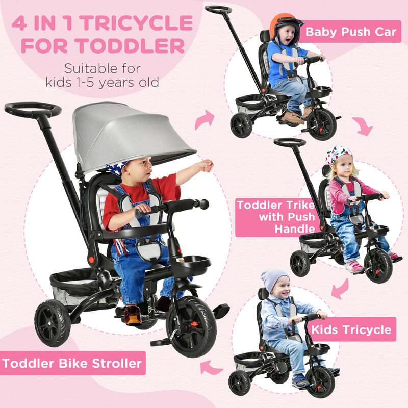 BreeBe Kids Tricycle, 4 in 1 Foldable Trike with Reversible Seat, Adjustable Parent Handle, Safety Harness, Wheel Brakes, Removable Canopy, Storage image number 3