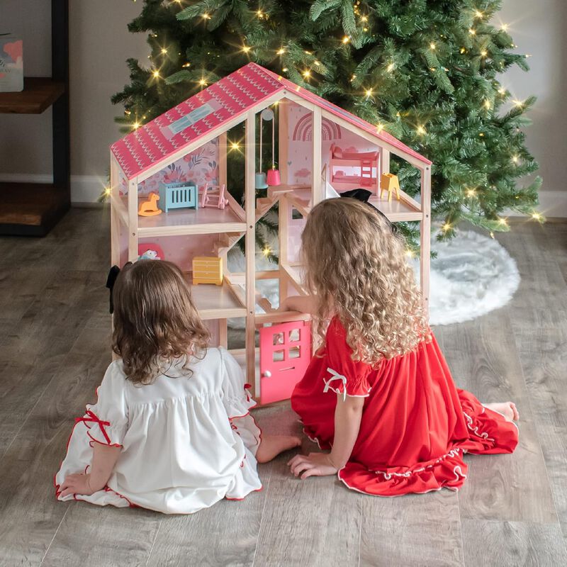 Wooden Dollhouse - 6 Rooms Wooden Doll House, DIY Pretend Doll House with 31Pcs Furniture Accessories, Creative Gift for Girl image number 7