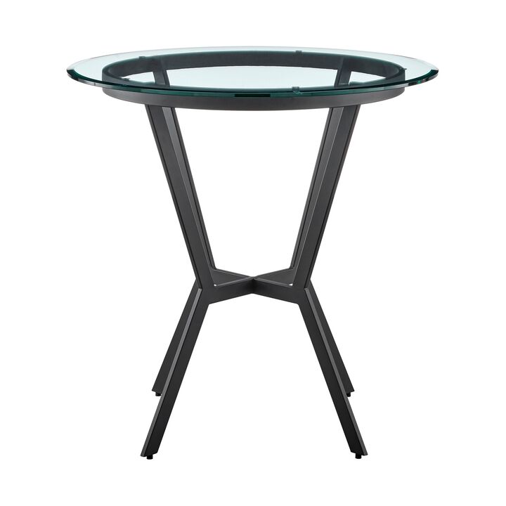 36 Inch Modern Bar Table, Round Glass Top, Crossed Angled Metal Base, Gray - Benzara