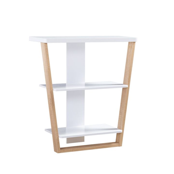 Hedy 34 Inch Modern Console Table, 3 Shelf, Slanted Legs, Two Toned, White-Benzara