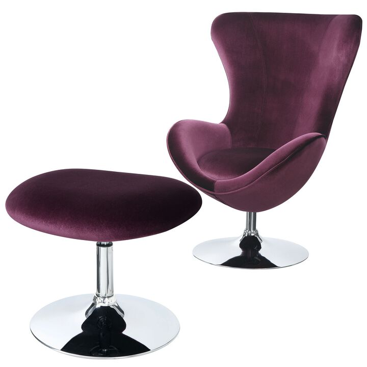 Fabric Curved Design Chair with Ottoman and Tubular Base, Set of 2, Purple-Benzara