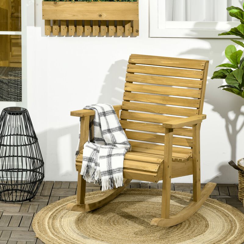 Classic Porch Seating: Wooden Rocking Chairs with Slatted Design