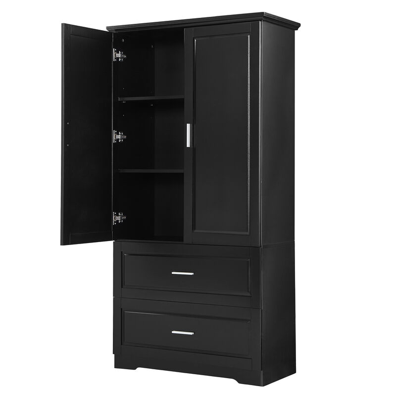 Whisen Tall Bathroom Storage Cabinet, Cabinet with Two Doors and Drawers, Adjustable Shelf, MDF Board - Black