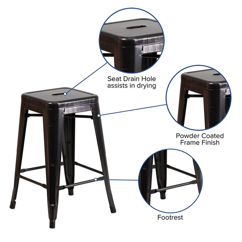 Flash Furniture Kai Commercial Grade 24" High Backless Black-Antique Gold Metal Indoor-Outdoor Counter Height Stool with Square Seat