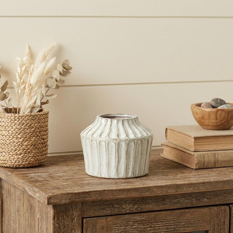 HomeRoots 6" Ivory Ribbed Round Terracotta Table Vase image number 1